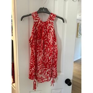 St. John Collection Silk Blend Halter Top Red White Abstract Sleeveless Blouse S